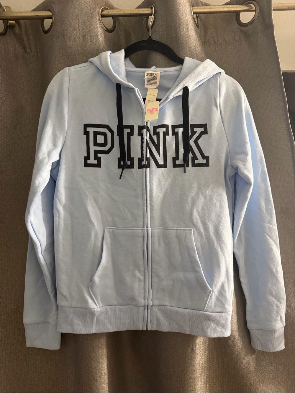 PINK Victoria's Secret Light Blue Zip-Up Hoodie with Black Logo